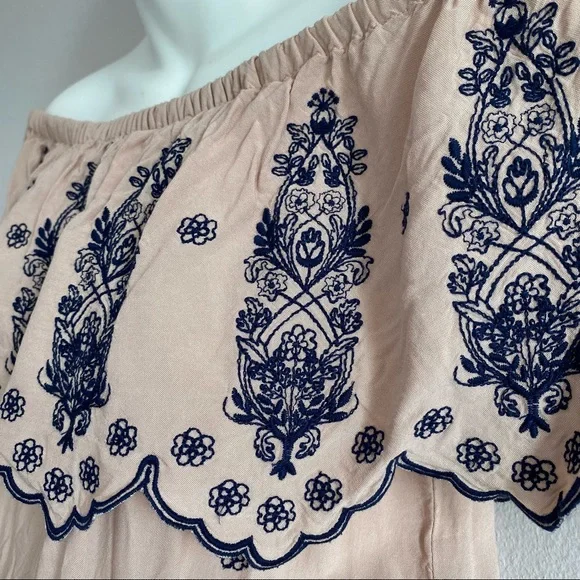 Off Shoulder Embroidered Cream Ruffle Fleur de Lis BOHO Mini Dress Iris Flower - Picture 5 of 11